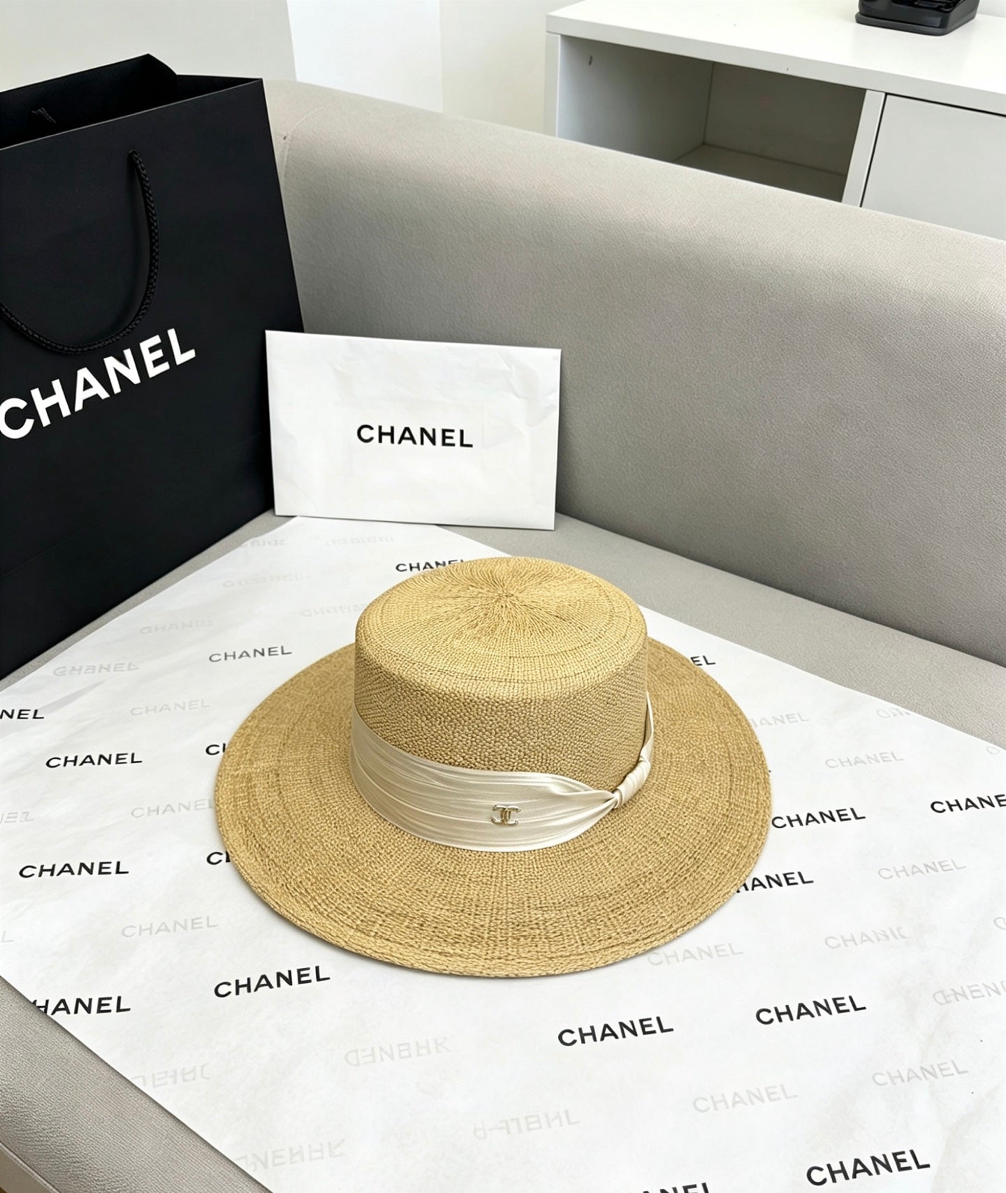 CHANEL Straw Flat-Top Hat