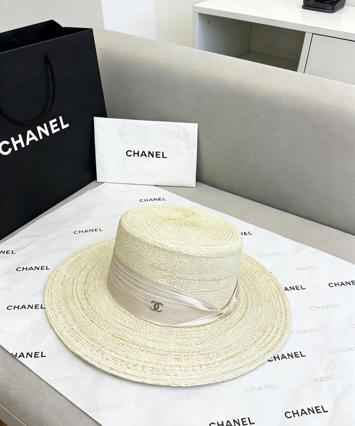 CHANEL Straw Flat-Top Hat